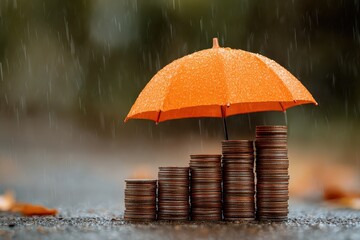 Stacks of coins are under a wet orange umbrella during a rain shower. It shows protecting finances, savings, and investments from risk.