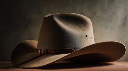 A classic brown cowboy hat with a dark band, dramatically lit against a muted backdrop. Timeless western style .