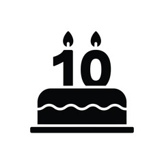 Tenth birthday cake icon with candles in black silhouette style