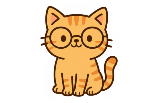 Round-glasses feline character smiling, adorable cartoon style perfect for kid-friendly illustrations and whimsical graphic design elements