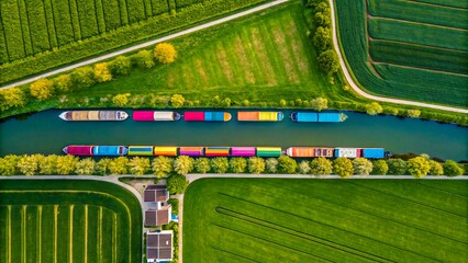 Aerial View of Colorful Barges on Narrow Canal Surrounded by Lush Green Farmland and Trees
