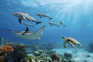 Obraz premium Underwater Ocean Scene with Marine Life and Seascape Elements