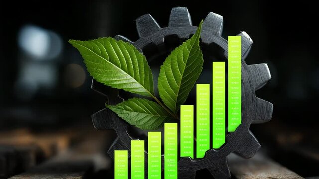 Gear with green bars on it. The bars are labeled with numbers. dark industrial gear transforming into bright eco-leaf cog, juxtaposed bar graphs, sustainable energy stocks