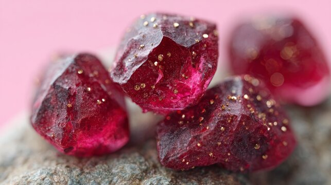 Macro view of raw rubies with golden flecks resting on textured stone against a soft pink backdrop