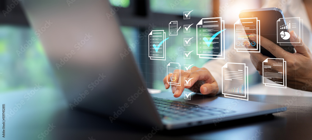 Aufkleber document management concept, check electronic documents on digital documents on virtual screen docum