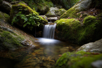 Serene Forest Stream with Mossy Rocks and Miniature Waterfall