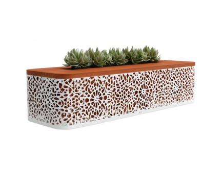 Modern rectangular planter with intricate white lattice and succulents isolated on transparent background