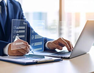 Businessman reviews checklists with augmented reality and laptop in bright office space