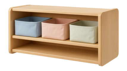 A low, easy-access shelf with fabric bins, perfect for encouraging toddlers to organize their toys independently.