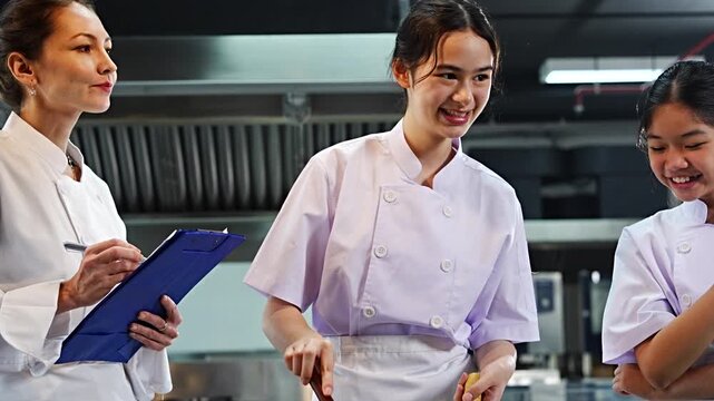 Female chef teacher teaches two students to cook in class. A cooking test is given to the teenage girls to cook spaghetti. The teacher holds a file to give scores in the cooking class.