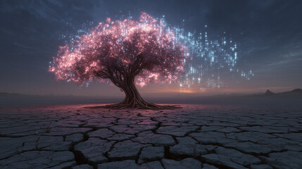 A tree is surrounded by a field of dirt and rocks. The tree is surrounded by a lot of stars, which gives the image a dreamy and ethereal quality