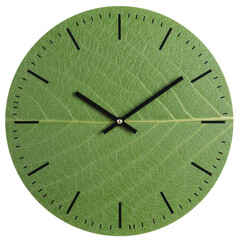 A unique clock design featuring a leaf as the face, symbolizing nature and time