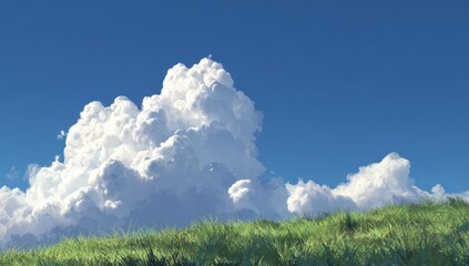 Fluffy white cumulus clouds over a grassy hilltop, bright blue sky