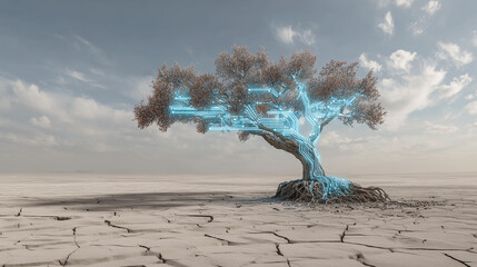 A tree is surrounded by a field of dirt and rocks. The tree is surrounded by a lot of stars, which gives the image a dreamy and ethereal quality