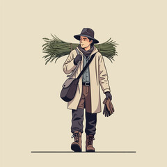 Cartoon Man Carrying Hay Wearing Beige Coat and Black Hat