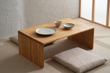 Natural Wood Low Dining Table with Floor Cushions for Cozy Seating