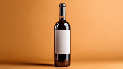A wine bottle with a blank label on an orange background.