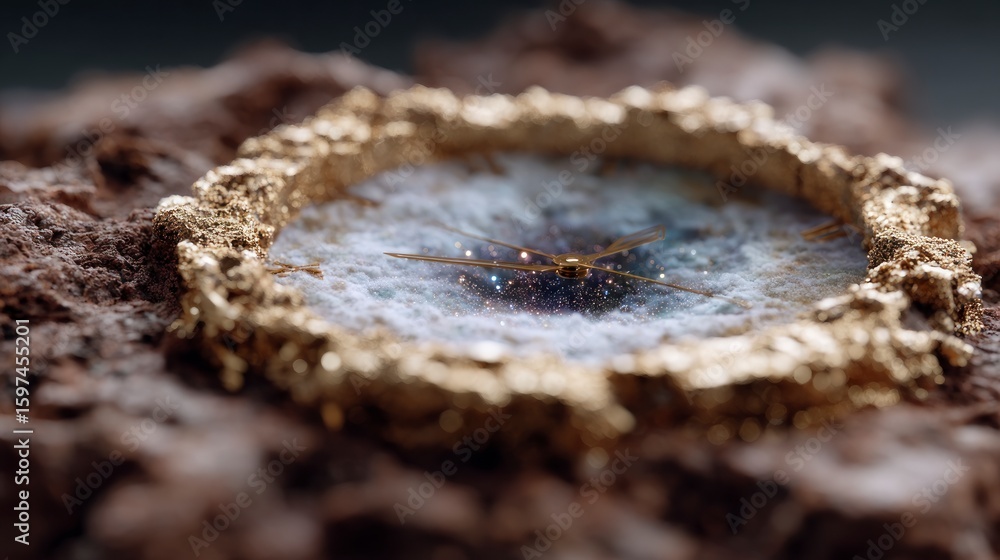 Poster close up of a golden clock face with celestial elements on a textured surface