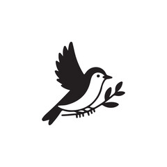 Fototapeta premium Black silhouette of a bird with outstretched wings holding a sprig of leaves black and white flying