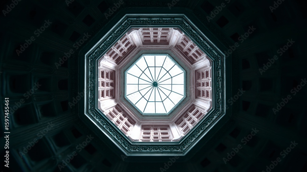 Poster octagonal atrium with geometric skylight and decorative ceiling architecture