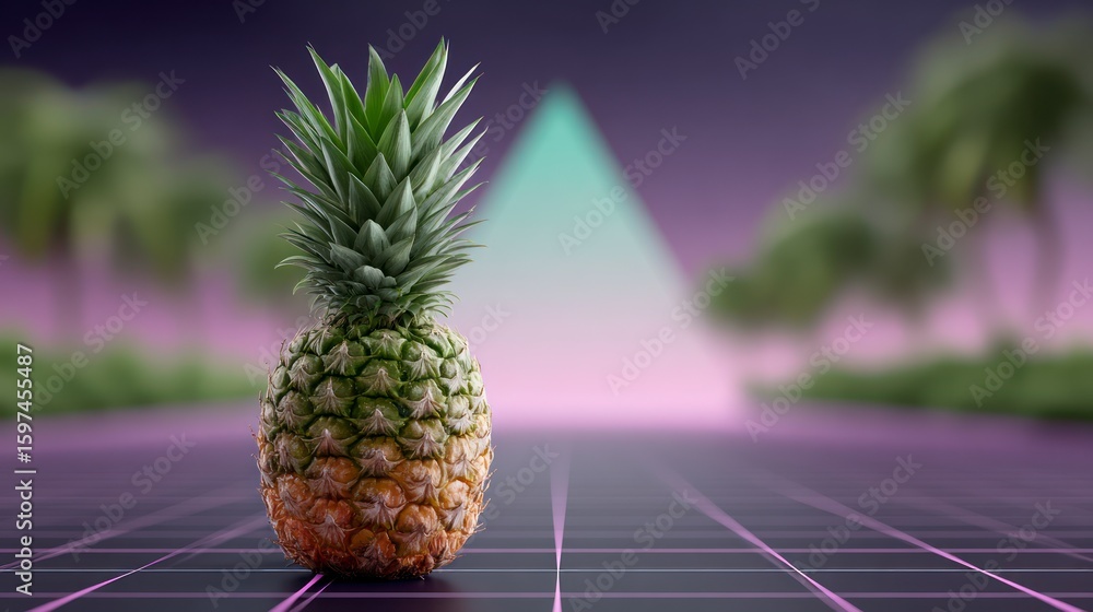 Aufkleber a single pineapple rests on a grid floor against a gradient background with blurred foliage
