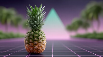 A single pineapple rests on a grid floor against a gradient background with blurred foliage