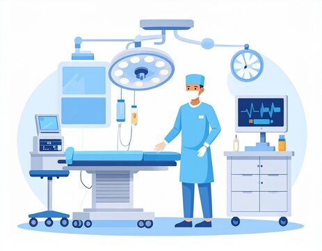 Vector surgeon in operating room preparing for surgery, white background
