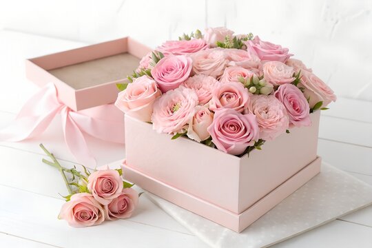 pink roses and gift box