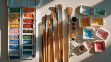 Artist tools for beginners, clean flatlay of beginner supplies including watercolor, sketchbook, and brush, creative hobby essentials captured in calm, indoor learning space
