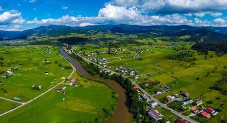 Fototapeta premium Aerial view of a countryside in Bucovina, Romania