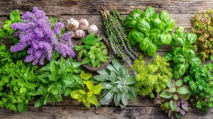 Fresh herbs on rustic wooden table