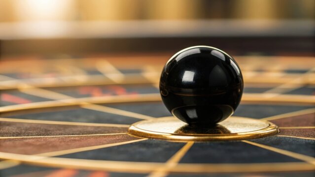 Black roulette ball frozen on golden number &mdash; perfect moment of luck
