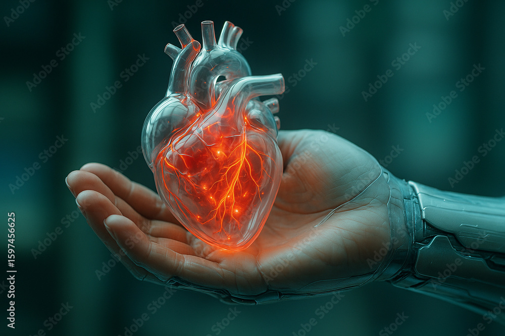 Poster ai generated surreal glass like heart with glowing core held by futuristic cybernetic hand symbolizi