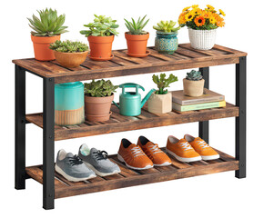 Rustic wooden plant stand with succulents and shoes on transparent background isolated on transparent background