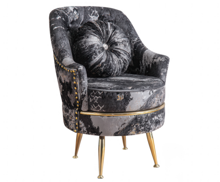 Elegant black and grey accent armchair with gold legs and decorative pillow isolated on transparent background - Powered by Adobe