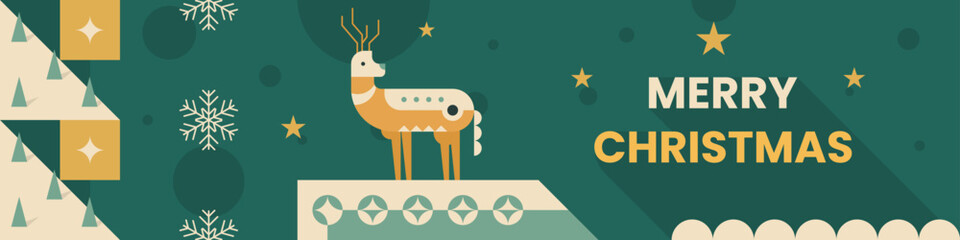 Merry Christmas banner with reindeer and snowflakes