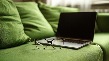 Closed laptop and glasses on a green sofa evoke a peaceful, minimalist home office setup