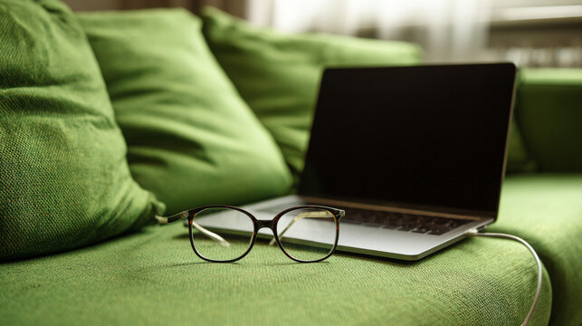 Closed laptop and glasses on a green sofa evoke a peaceful, minimalist home office setup