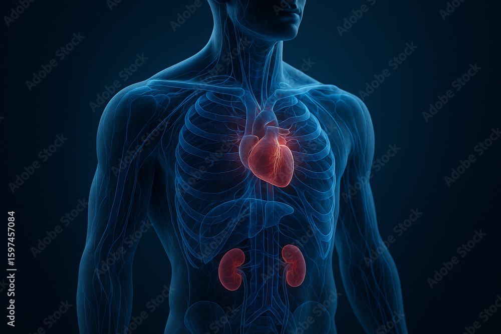 Poster ai generated sci fi medical illustration showing internal male organs in glowing blue with highlight