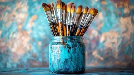 Artistic paintbrushes are placed in a teal painted jar ready for painting with blurred background photo.