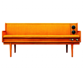 Retro orange upholstered bench with integrated speakers and controls isolated on transparent background