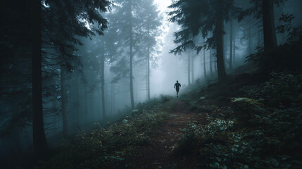 Obraz premium Trail Running Through a Misty Forest at Dawn