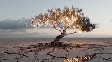 A tree is surrounded by a field of dirt and rocks. The tree is surrounded by a lot of stars, which gives the image a dreamy and ethereal quality