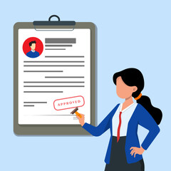 Approval of CV. Woman stamping an approved resume document.