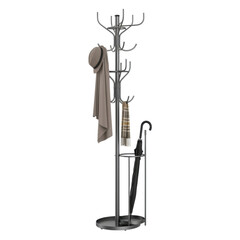 Elegant metal coat rack with scarves, hat, and umbrella