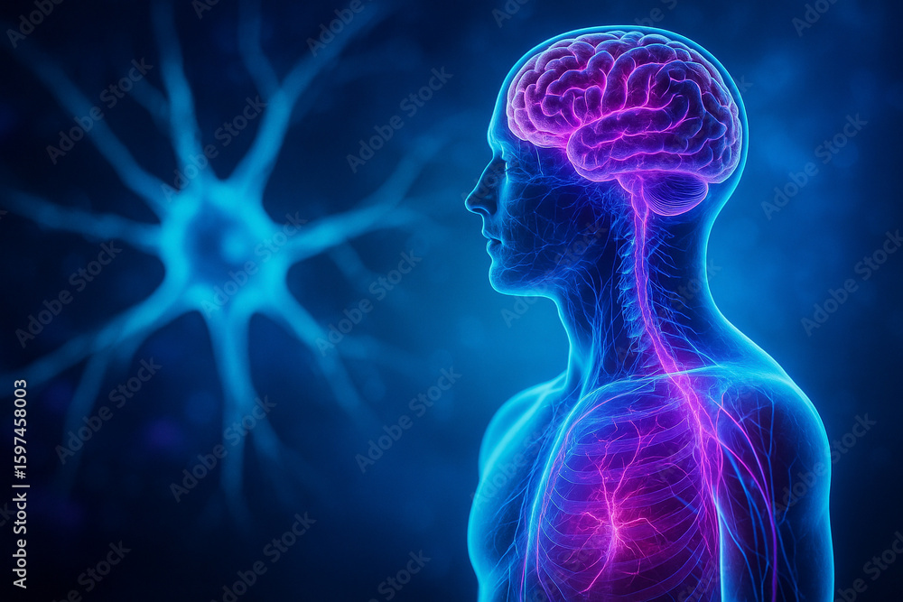 Poster ai generated digital illustration showing the human nervous system and brain in side profile with gl