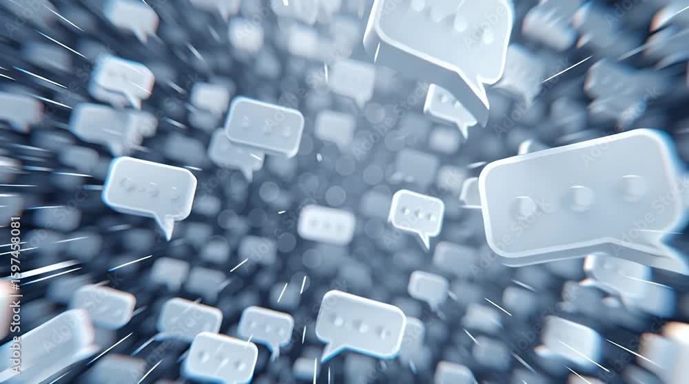 Poster abstract image of many 3d speech bubbles moving rapidly