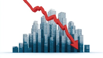 Red downward trend line over city buildings