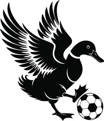 Fototapeta premium Duck Kicking Soccer Ball Silhouette Vector, Transparent Background.