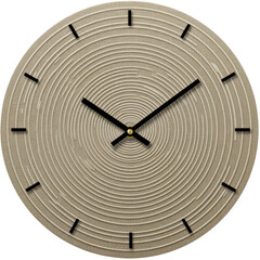 A minimalist wall clock with a textured circular design, showcasing time in a serene environment